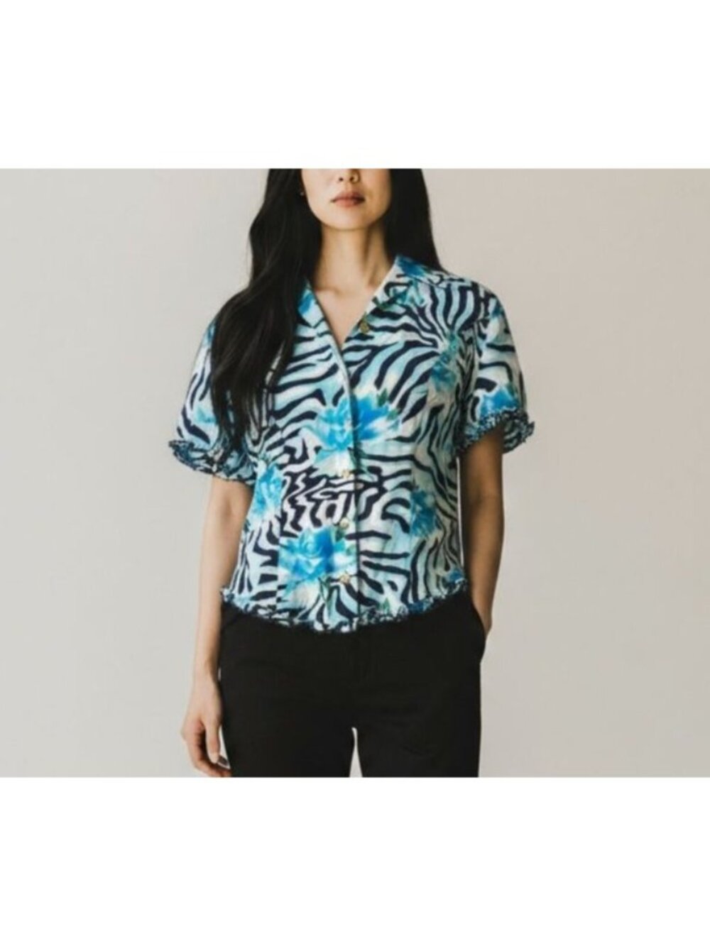 Escada Silk Blouse IT 34 US 4 Blue Abstract Print Gold Buttons EUC Ruffle